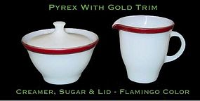 Pyrex Gold Trim W/Flamingo Band~Creamer, Sugar, Lid