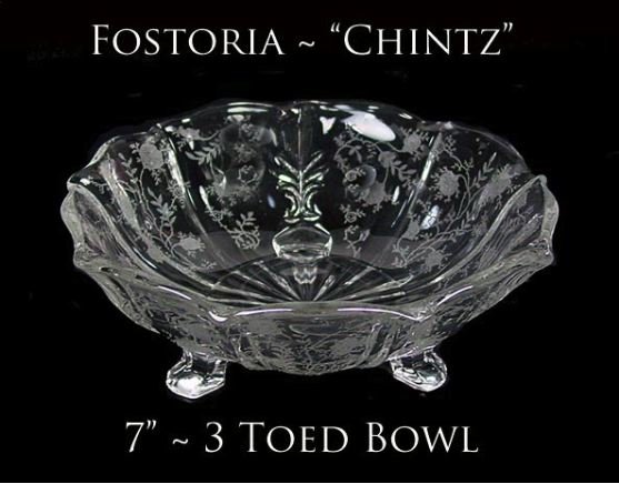Fostoria Glass &quot;Chintz&quot; Three Toed Seven Inch Bowl