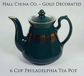 Hall China-Philadelphia-6 Cup Tea Pot With Gold Trim
