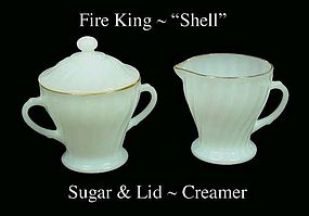 Fire King White "Shell" Creamer Sugar & Lid Gold Trim