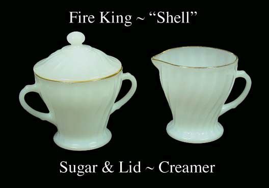 Fire King White &quot;Shell&quot; Creamer Sugar &amp; Lid Gold Trim