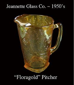 Jeannette Glass~ Floragold Tall Pitcher~Beautiful! 50's