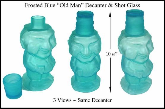 Vintage Blue Frosted &quot;Old Man&quot; Decanter &amp; Shot Glass