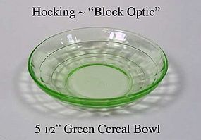 Hocking Glass ~ Block Optic Green Low Cereal Bowl-1930s