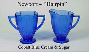 Hazel Atlas Newport "Hairpin" Cobalt Cream and Sugar