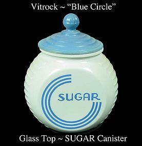 Vitrock Glass Knob Lid SUGAR Canister Deco Blue Circles
