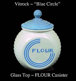 Vitrock Glass Knob Lid FLOUR Canister Deco Blue Circles