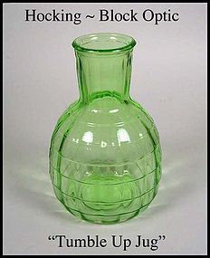 Hocking Glass ~ Block Optic Green Tumble Up Jug 1930s