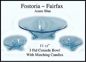 Fostoria Fairfax Azure Blue Console Bowl & Candles Nice