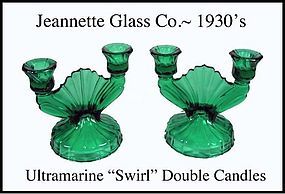 Jeannette~Ultramarine Swirl Pair of Dbl Candles~1930's