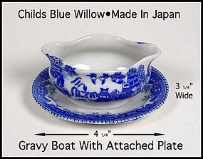 Blue Willow 1950s Childs Gravy Boat W/Attached U/Plate
