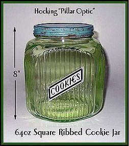 Hocking Pillar Optic 64oz Green Ribbed COOKIE Jar