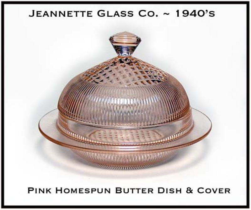 Jeannette Glass Pink Homespun Butter Dish and Cover
