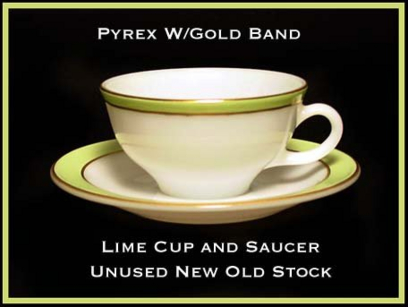 Pyrex Gold Trim W/Lime Color Band Cup and Saucer Unused