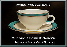 Pyrex Gold Trim W/Turq Color Band Cup and Saucer Unused