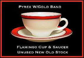 Pyrex Gold Trim Flamingo Color Band Cup/Saucer Unused