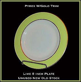 Pyrex Gold Trim W/Lime Color Band 8 inch Plate Unused