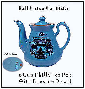 Hall China 6 Cup Philly Teapot Gold Dec Fireside Scene