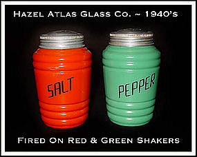 Hazel Atlas Fired On Orange~Green SALT n PEPPER Shakers