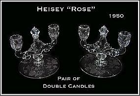 Heisey Rose Pair of Double Candle Holders