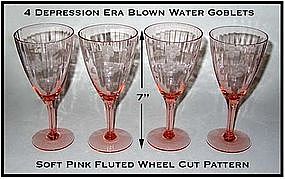 4 Depression Era Pink Etched Water Goblets