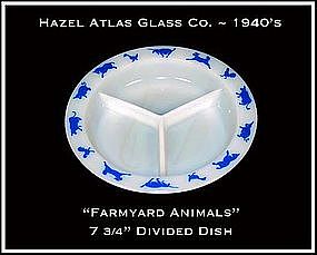 Hazel Atlas Childs Blue Barnyard 3 Way Divided Dish