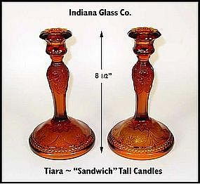 Indiana Glass~Tiara Sandwich~2 Tall Amber Candles