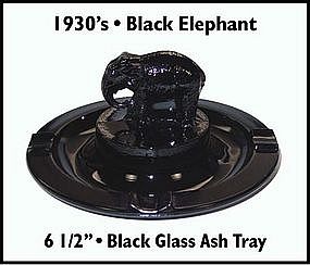 1930's ~ Black Glass ~ Elephant ~ Ash Tray