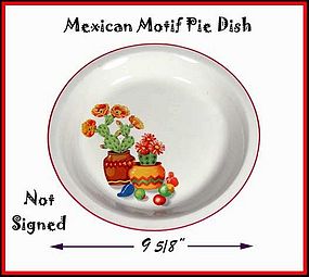 Mexican Motif 9 1/2" Pottery Pie Dish With Red Trim