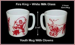 Fire King Red & White Youth Mug W/Clowns & Graphics