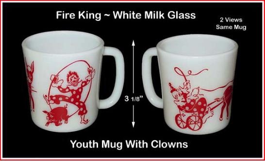 Fire King Red &amp; White Youth Mug W/Clowns &amp; Graphics