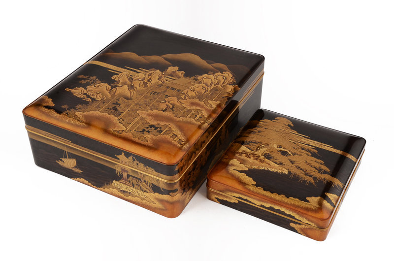 Japanese a set of Lacquer letter box and writing box with Ohmi Hakkei