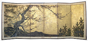 Japanese Antique 6 panel Sho Chiku Bai Screen Painting