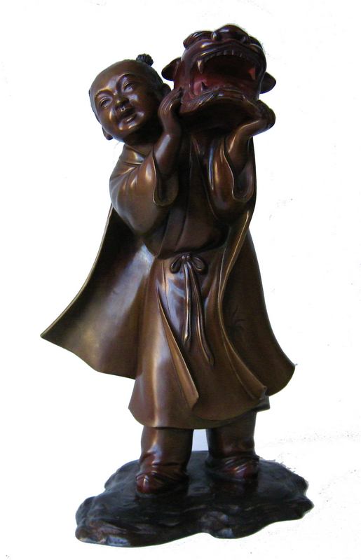 Meiji Bronze of Child with Fu Dog