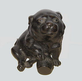 Antique Japanese Bronze Dog with Drum