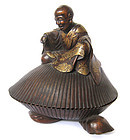 Japanese Box Wood Monk on Shell with Maki-e Lacquer