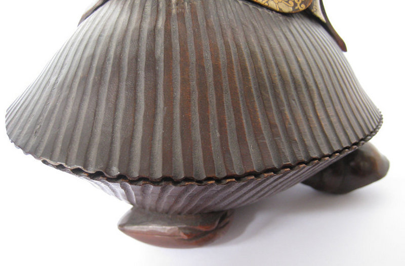 Japanese Box Wood Monk on Shell with Maki-e Lacquer