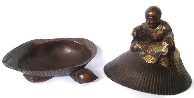 Japanese Box Wood Monk on Shell with Maki-e Lacquer