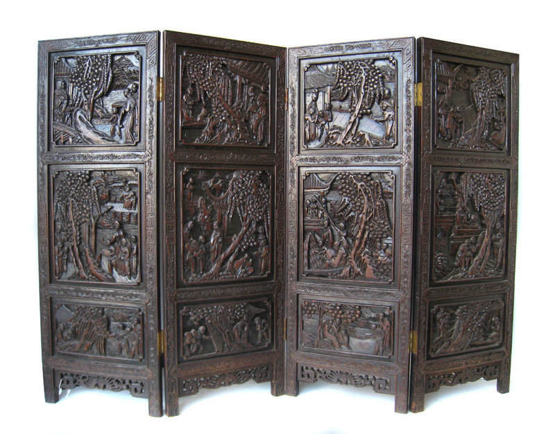 Chinese Carved 4 Panel Wooden Screen