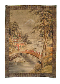 Japanese Antique Large Embroidery of Bridge and Temple