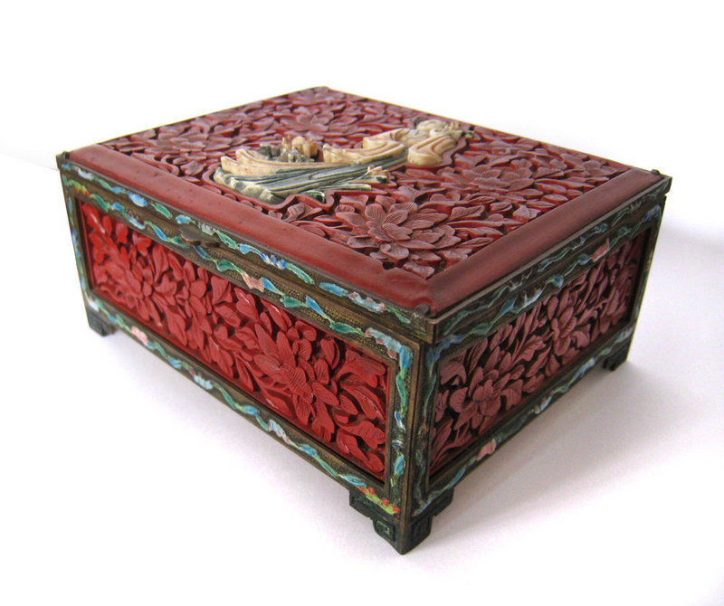 Chinese Antique Small Cinnabar and  Brass Box with Lady