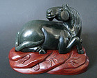 Chinese Dark Green Jade Horse and Carved Wood Base