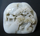 Chinese White Jade Boulder Carved with Mountain Scene