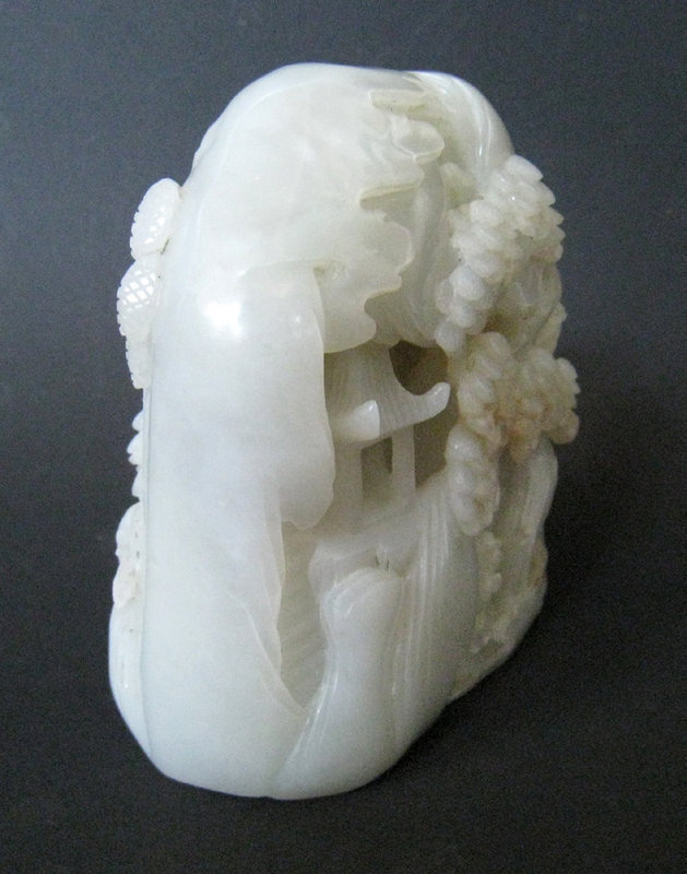 Chinese White Jade Boulder Carved with Mountain Scene