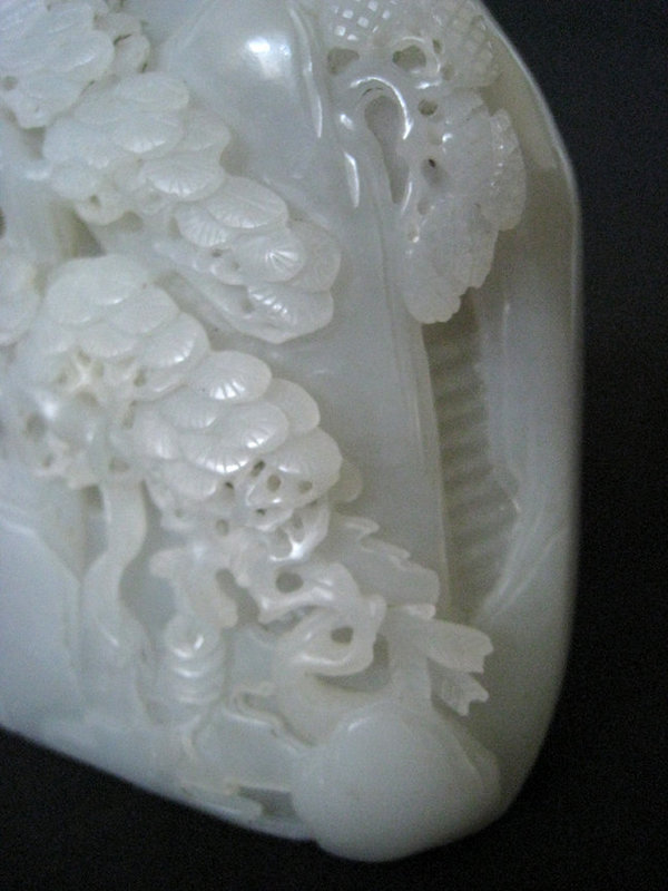 Chinese White Jade Boulder Carved with Mountain Scene