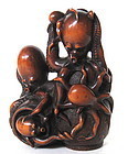 Japanese Antique Boxwood Okimono of Octopus Family