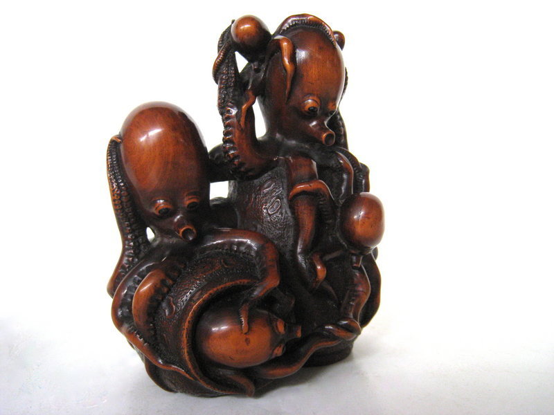 Japanese Antique Boxwood Okimono of Octopus Family