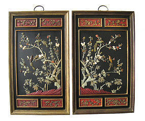 Chinese Pair of Hard Stone Inlaid Plaques