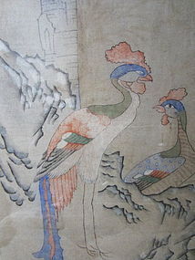 Antique Korean Painting of Sunrise and Phoenixes