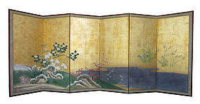 Japanese Antique 6 panel Screen Painting with Flowers
